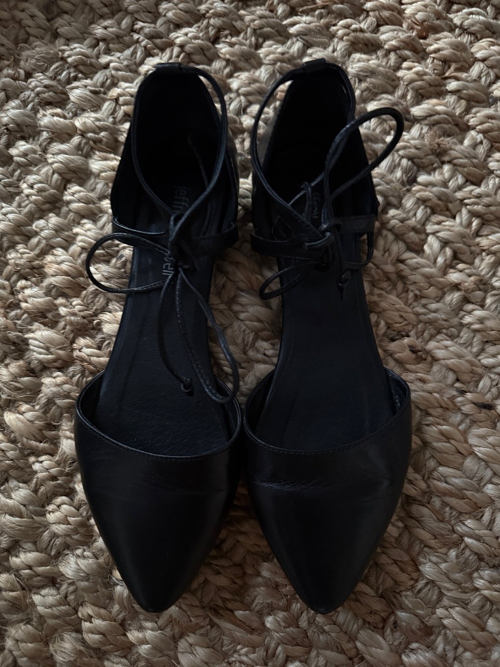 Jeffrey Campbell Black Pointed Lace-Up Flats with Ankle Ties